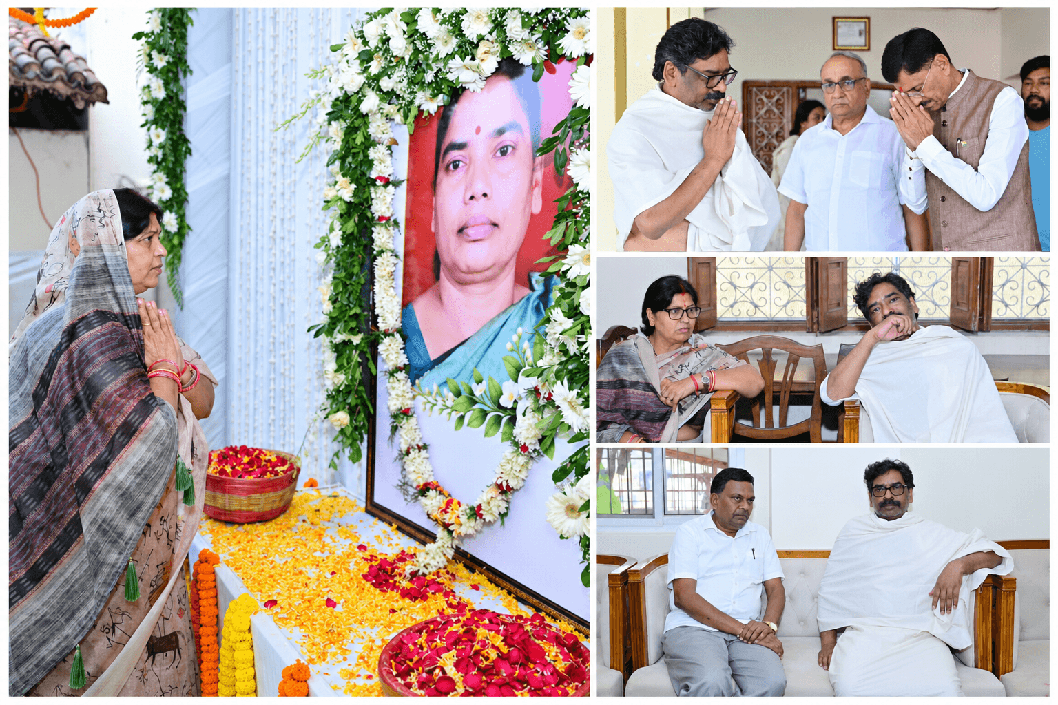 कोलाज में फूलों की माला से सजी एक महिला की तस्वीर के सामने हाथ जोड़े खड़ी महिला और गेंदे व गुलाब की पंखुड़ियां दिखती हैं। दाईं ओर हाथ जोड़े दो पुरुष, कुर्सियों पर बैठे एक महिला और एक पुरुष, और सोफे पर बैठे दो पुरुष हैं।