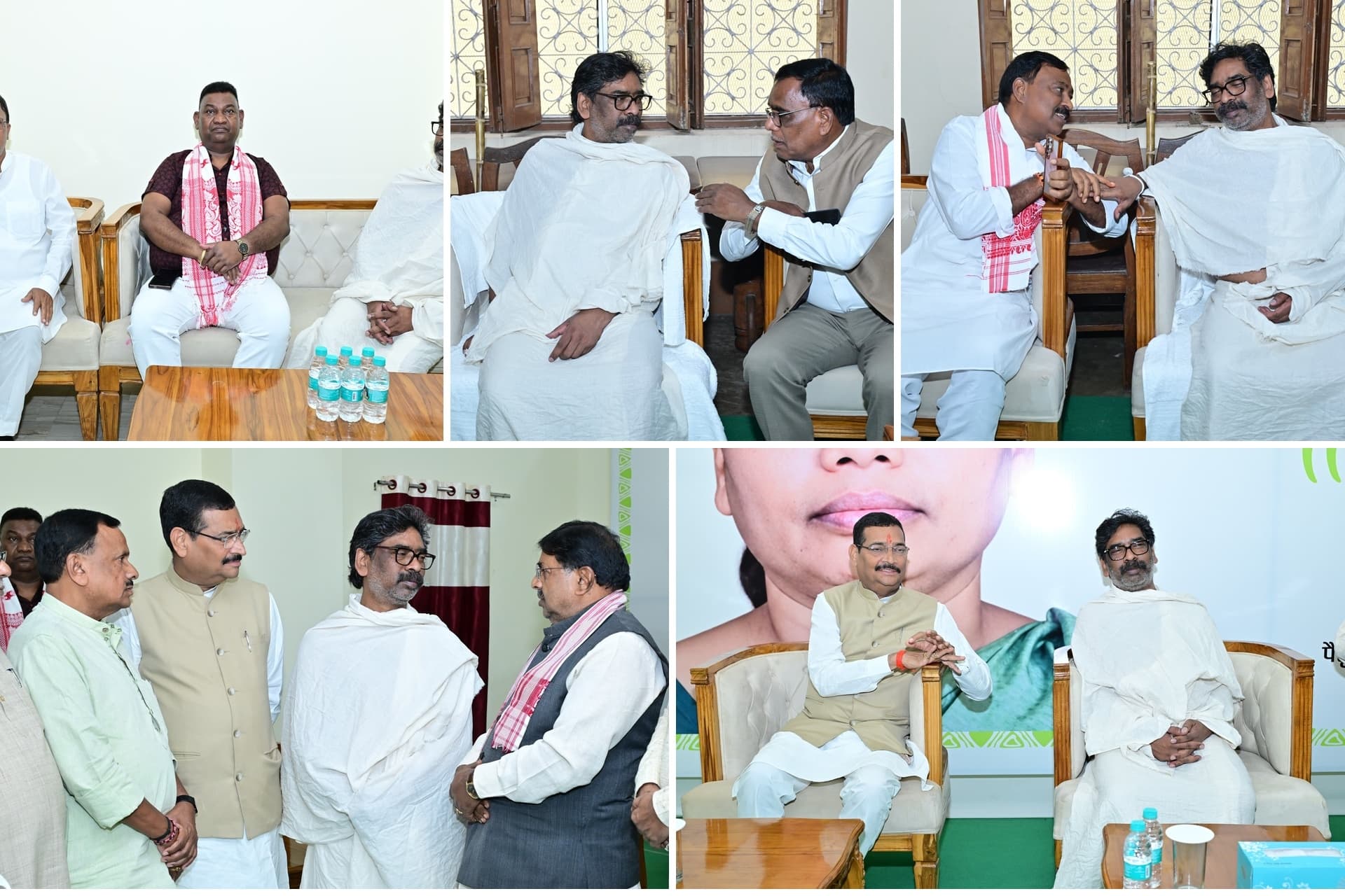 पांच तस्वीरों का कोलाज, जिसमें सफेद चादर ओढ़े एक व्यक्ति कमरे में कुर्सियों पर बैठकर और खड़े होकर अलग-अलग लोगों से बातचीत करते दिख रहे हैं। एक तस्वीर में पीछे लगे बैनर पर एक महिला के चेहरे का हिस्सा दिखाई देता है।