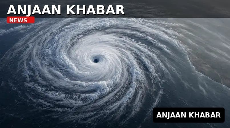 समुद्र के ऊपर बादलों का विशाल सफेद घुमावदार चक्र ऊपर से दिखाई दे रहा है, जिसके केंद्र में गहरा गोलाकार हिस्सा है।