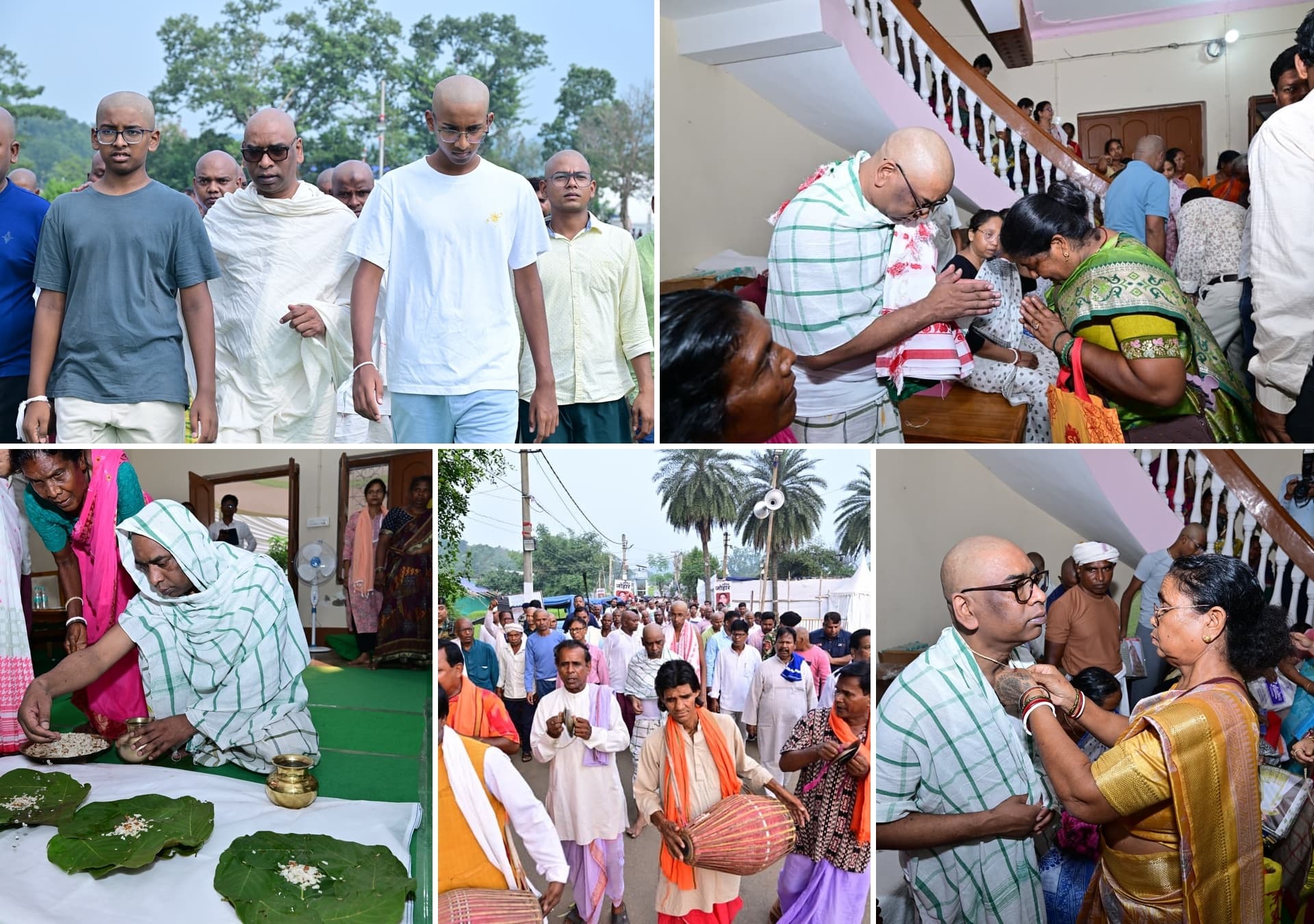 Photo 1: दिन के उजाले में पेड़ों के सामने कई मुंडित सिर वाले लोग चलते हुए। इनमें सफेद वस्त्र ओढ़े एक व्यक्ति और टी-शर्ट पहने दो किशोर दिखाई दे रहे हैं। Photo 2: सीढ़ियों के पास हरी चेक वाले वस्त्र और लाल बूटेदार गमछे में एक मुंडित सिर वाला व्यक्ति हाथ जोड़कर एक महिला का अभिवादन करते हुए। महिला भी हाथ जोड़कर झुकी हुई है और पीछे भीड़ खड़ी है। Photo 3: हरी चेक वाली चादर ओढ़े एक व्यक्ति सफेद कपड़े पर बिछे हरे पत्तों पर अनाज के दाने रखते हुए। पास में पीतल के लोटे रखे हैं और एक महिला पास खड़ी है। Photo 4: सड़क पर मृदंग और झांझ बजाते भगवा गमछाधारी लोगों के पीछे बड़ी संख्या में लोग पैदल चलते हुए। पृष्ठभूमि में ताड़ के पेड़ और टेंट दिखाई दे रहे हैं। Photo 5: हरी चेक वाले वस्त्र में चश्माधारी मुंडित सिर वाले व्यक्ति के कंधे के पास पीली-सुनहरी साड़ी पहने एक महिला वस्त्र ठीक करती हुई। पीछे कई लोग मौजूद हैं।