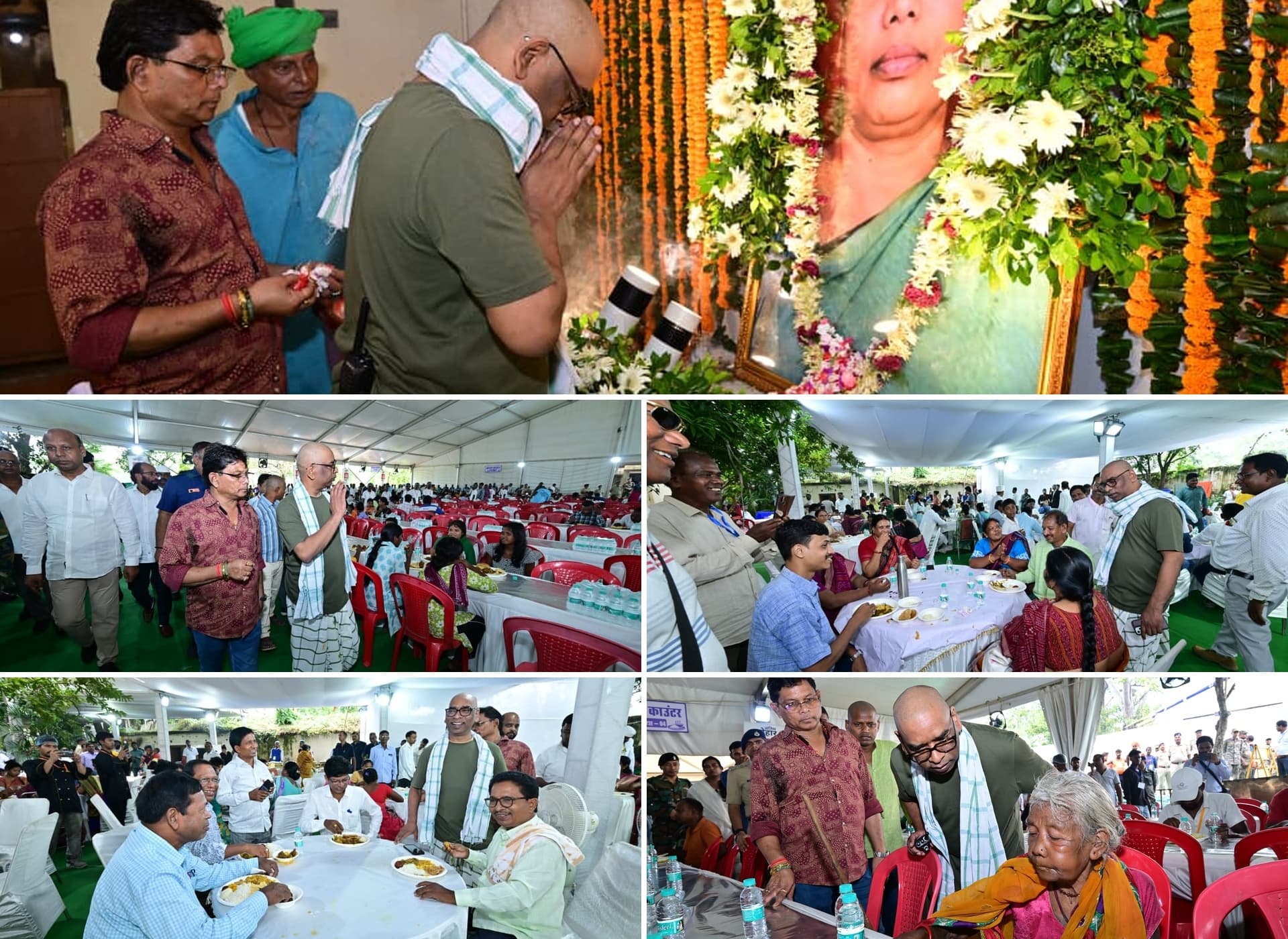 पांच तस्वीरों का कोलाज। ऊपर की तस्वीर में हरी टी-शर्ट और चेक वाला गमछा पहने एक व्यक्ति गेंदे और फूलों की माला से सजे फ्रेम किए चित्र के सामने हाथ जोड़कर झुके हैं, पास में दो अन्य लोग खड़े हैं। बाकी तस्वीरों में बड़े टेंट में लाल कुर्सियों और गोल मेजों पर लोग भोजन करते दिख रहे हैं। हरी टी-शर्ट वाले व्यक्ति मेहमानों से बातचीत कर रहे हैं और एक तस्वीर में नारंगी शॉल ओढ़े बुजुर्ग महिला की ओर झुककर उनसे बात कर रहे हैं।