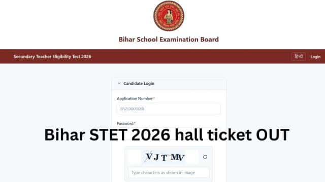 बिहार विद्यालय परीक्षा समिति के STET 2026 पोर्टल का कैंडिडेट लॉगिन पेज, जिसमें एप्लीकेशन नंबर, पासवर्ड और कैप्चा के खाने दिख रहे हैं। तस्वीर पर अंग्रेजी में "Bihar STET 2026 hall ticket OUT" लिखा है।
