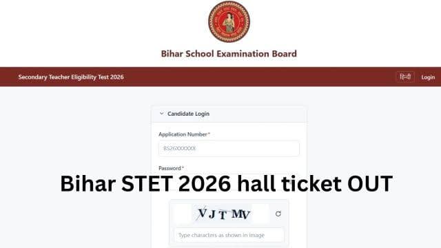 बिहार विद्यालय परीक्षा समिति के STET 2026 पोर्टल का कैंडिडेट लॉगिन पेज, जिसमें एप्लीकेशन नंबर, पासवर्ड और कैप्चा के खाने दिख रहे हैं। तस्वीर पर अंग्रेजी में "Bihar STET 2026 hall ticket OUT" लिखा है।